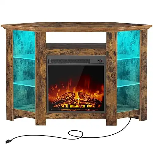 Seventable Fireplace Corner TV Stand for 43" 50" 55", 47 Inch TV Stand with Power Outlets and LED Lights